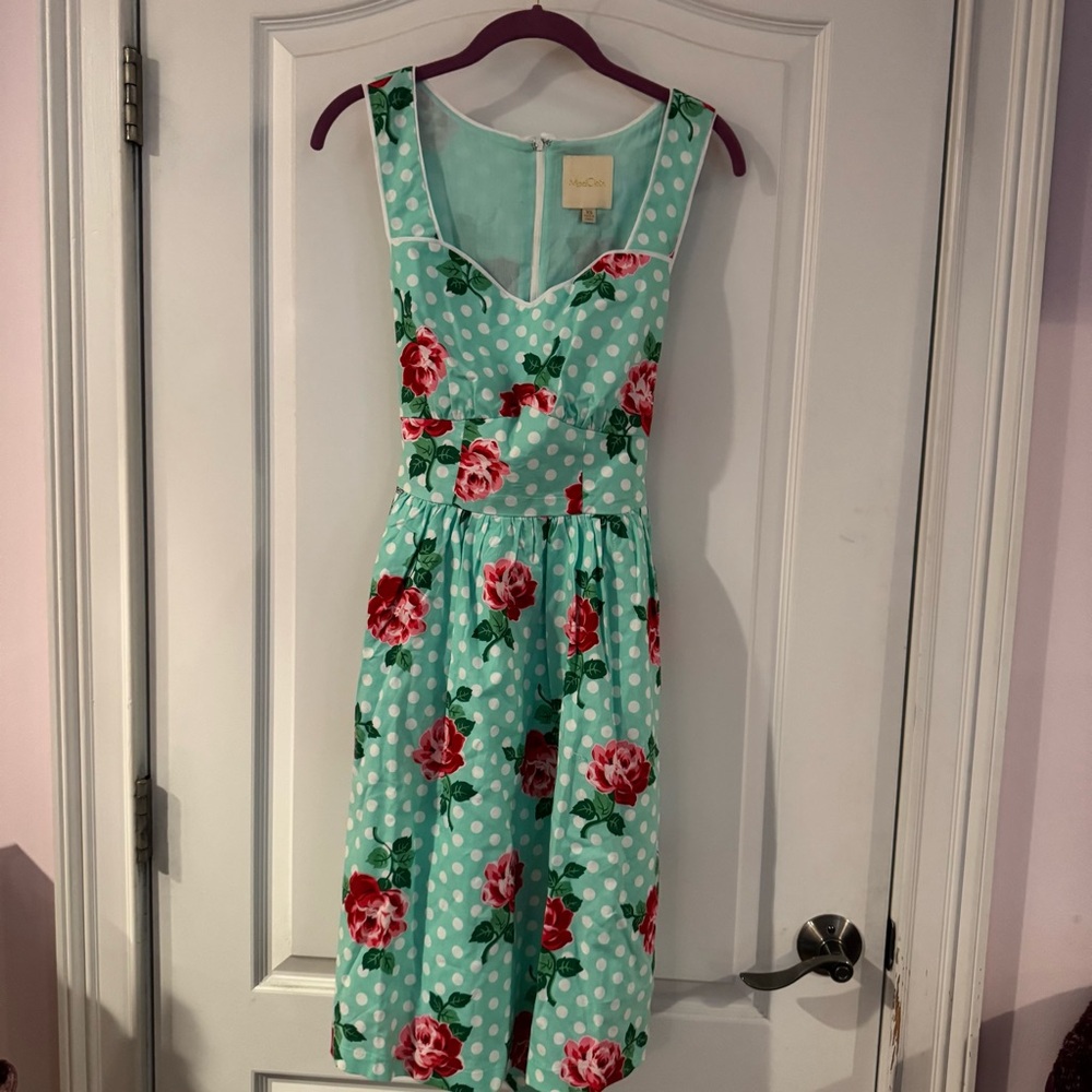 ModCloth Aqua Polka Dot with roses Dress extra Small